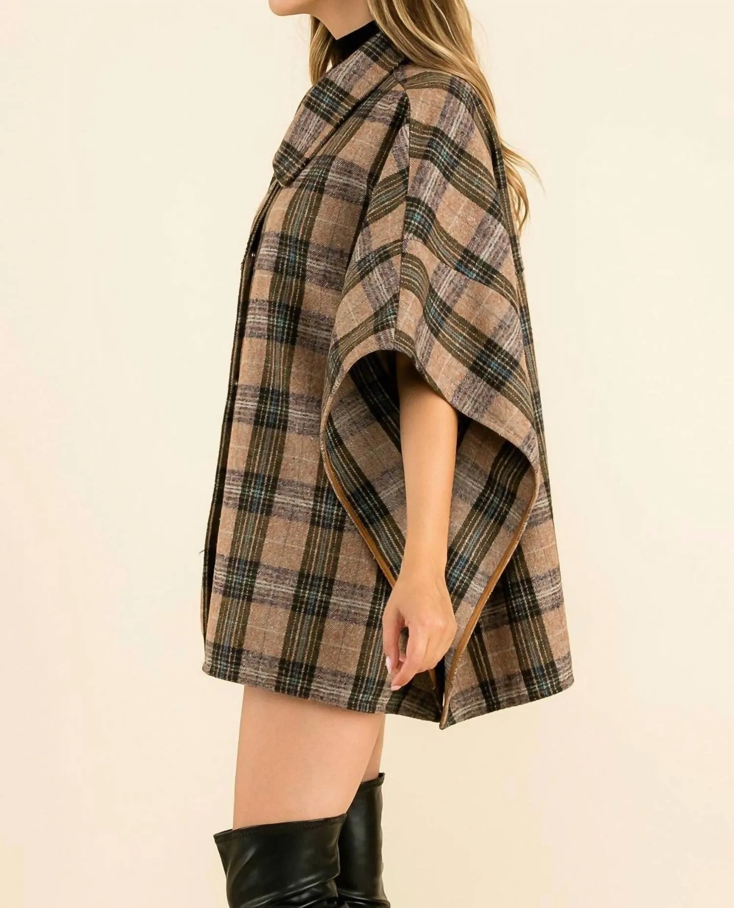 High Neck Plaid Poncho In Brown