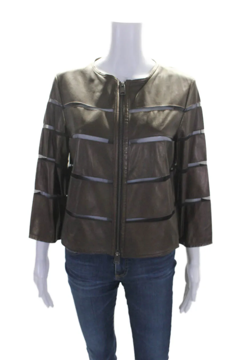 In Transit Women's Round Neck Long Sleeves Full Zip Leather Jacket Brown