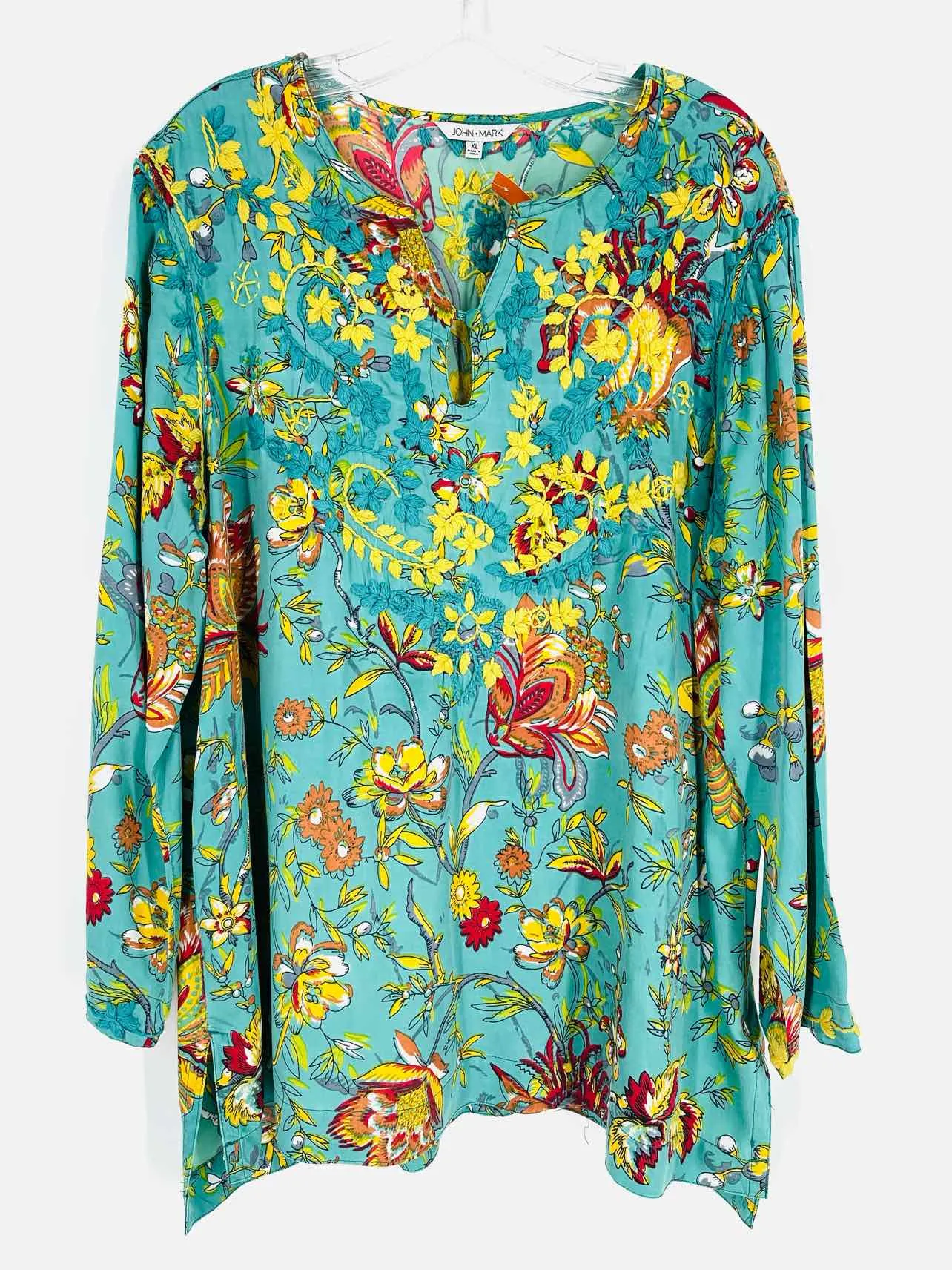 John Mark Size XL Turq/Yellow Embroidered Floral Tops Top-3/4 Sleeve