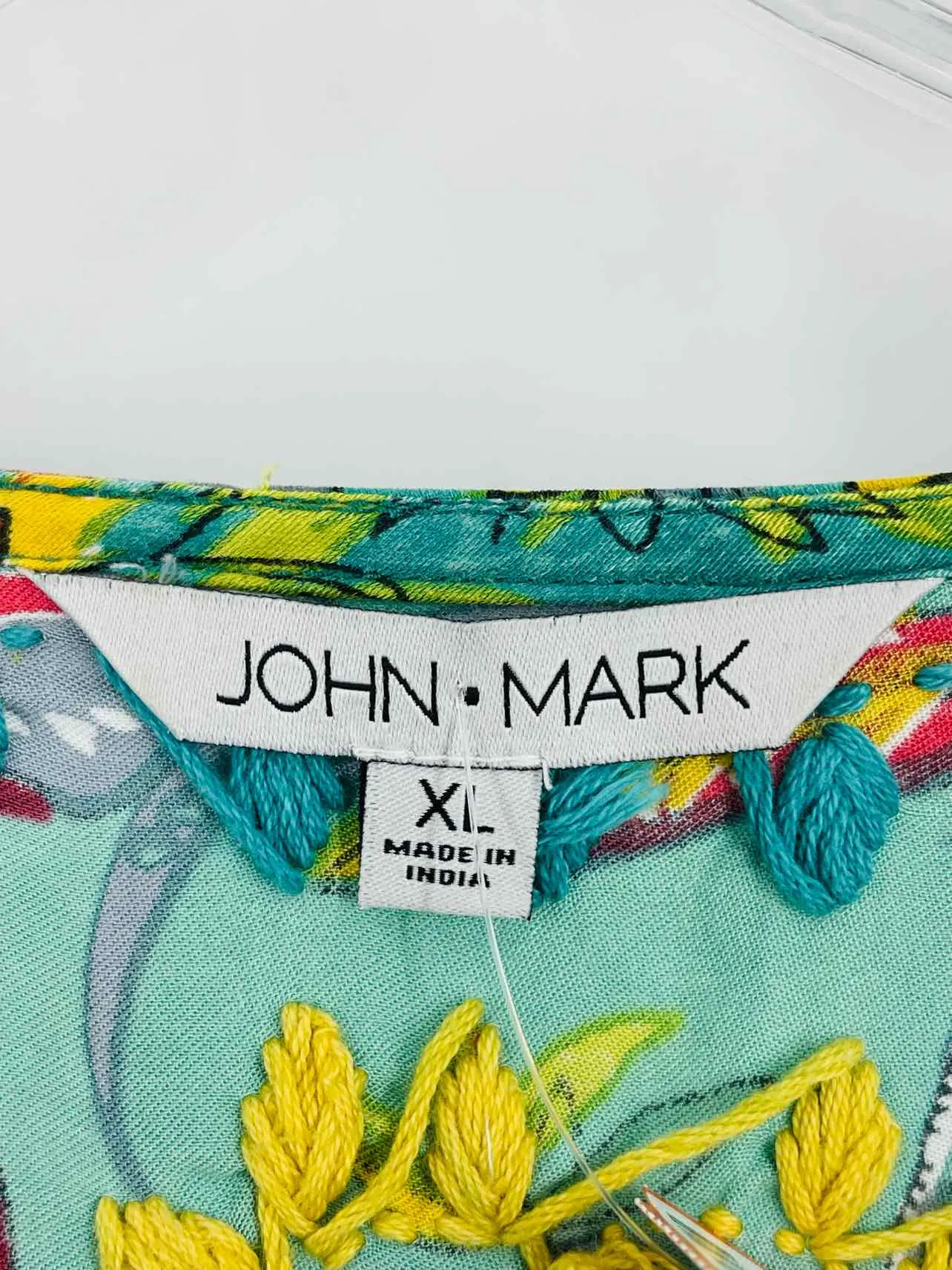 John Mark Size XL Turq/Yellow Embroidered Floral Tops Top-3/4 Sleeve