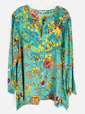 John Mark Size XL Turq/Yellow Embroidered Floral Tops Top-3/4 Sleeve
