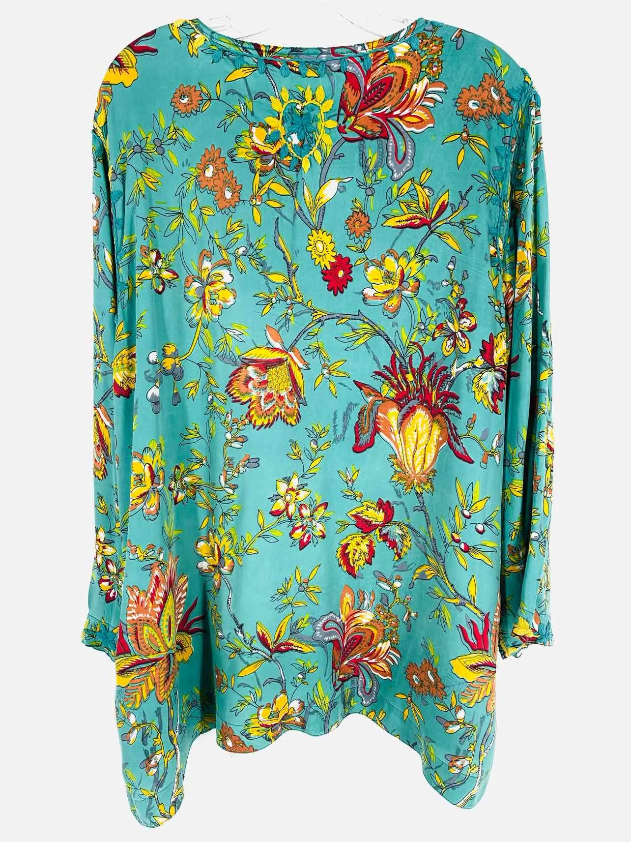 John Mark Size XL Turq/Yellow Embroidered Floral Tops Top-3/4 Sleeve