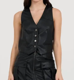 Leather Button Front Vest In Black