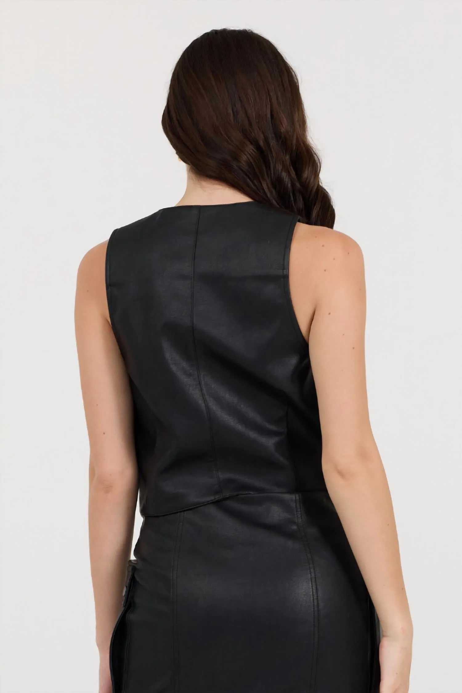 Leather Button Front Vest In Black