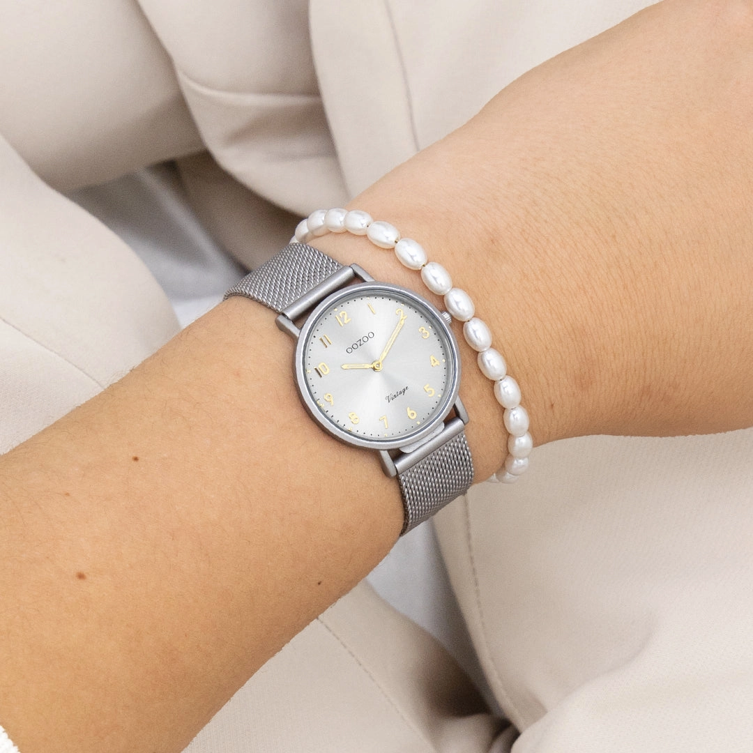 Light grey OOZOO watch with metal mesh bracelet - C20381