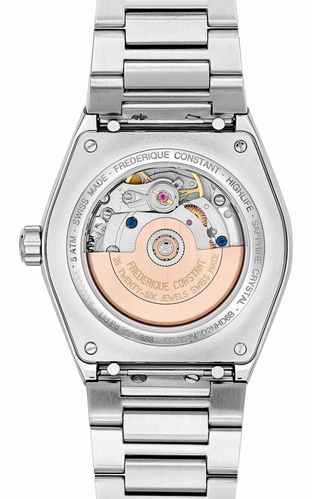 Limited Edition Frederique Constant Highlife Sparkling Automatic Stainless Steel Blue Dial Diamonds Interchangeable White Rubber Strap Date Womens Watch FC-303NSD2NHD6B