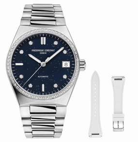 Limited Edition Frederique Constant Highlife Sparkling Automatic Stainless Steel Blue Dial Diamonds Interchangeable White Rubber Strap Date Womens Watch FC-303NSD2NHD6B Women??s luxury watches Affordable women watches