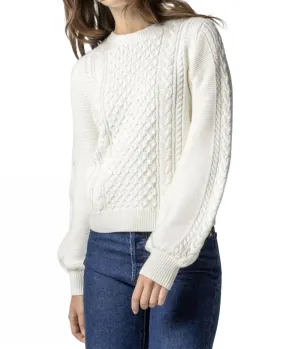Long Sleeve Cable Crew Neck Sweater In Ivory