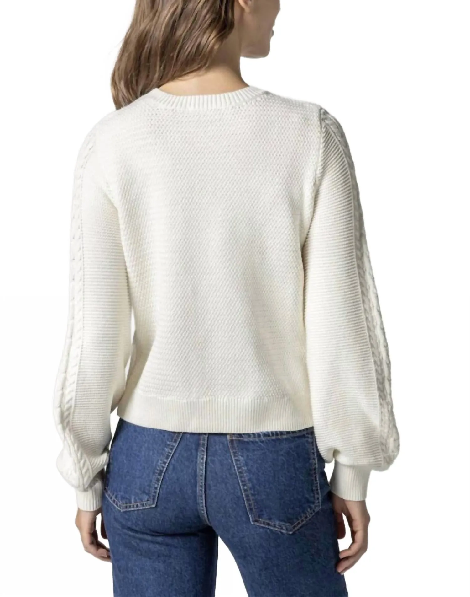 Long Sleeve Cable Crew Neck Sweater In Ivory
