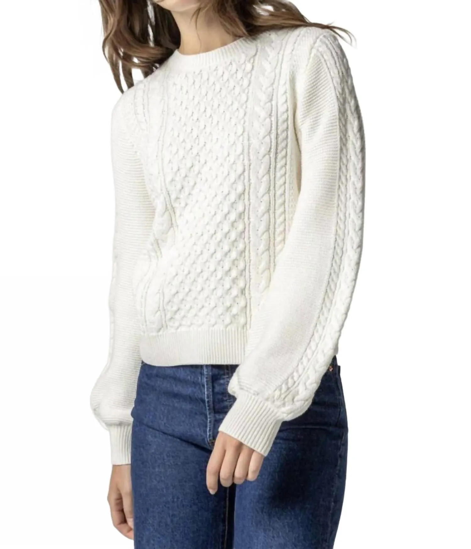 Long Sleeve Cable Crew Neck Sweater In Ivory