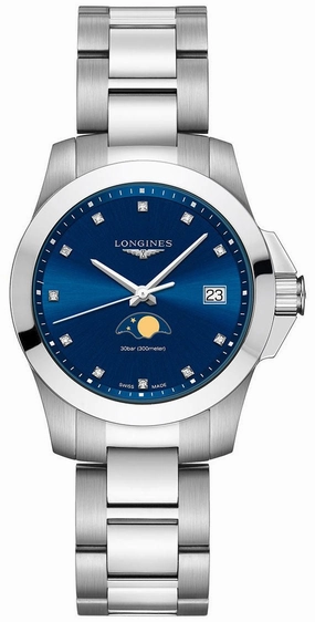 Longines Conquest Stainless Steel Blue Dial Diamonds Date Moonphase Quartz Womens Watch L3.381.4.97.6 Women??s luxury watches Affordable women watches