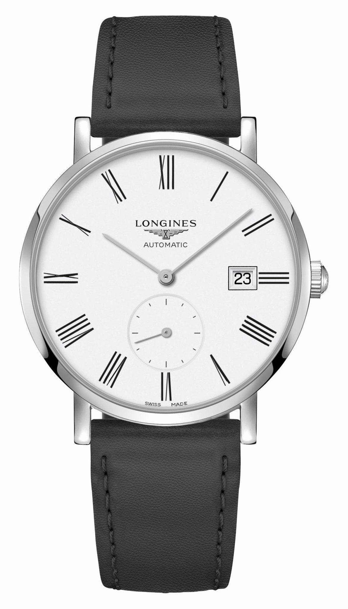 Longines Elegant Automatic Stainless Steel White Dial Black Leather Strap Date Unisex Watch L4.812.4.11.0 Women??s luxury watches Affordable women watches