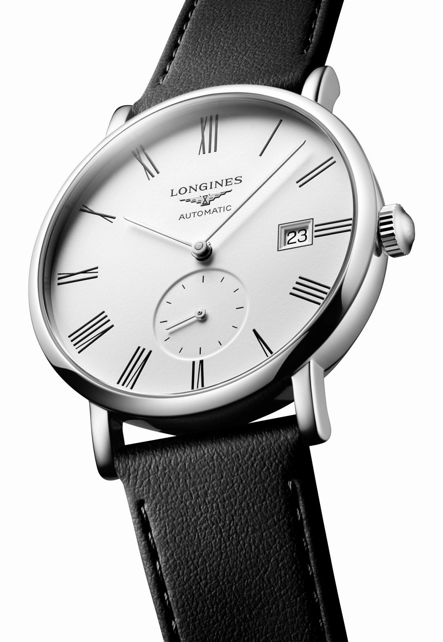 Longines Elegant Automatic Stainless Steel White Dial Black Leather Strap Date Unisex Watch L4.812.4.11.0