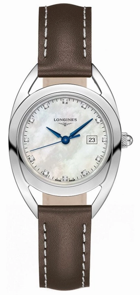 Longines Equestrian Stainless Steel Mother-Of-Pearl Dial Brown Leather Strap Diamonds Date Quartz Womens Watch L6.137.4.87.2 Women??s luxury watches Affordable women watches