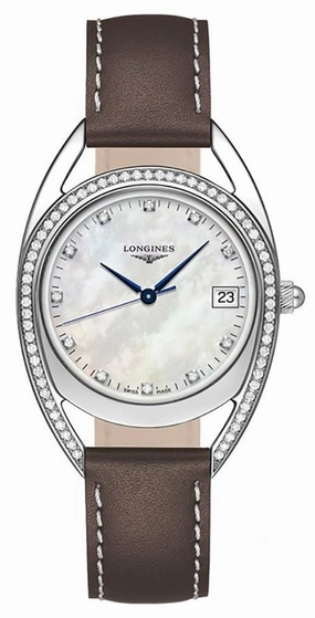 Longines Equestrian Stainless Steel Mother-Of-Pearl Dial Brown Leather Strap Diamonds Date Quartz Womens Watch L6.138.0.87.2 Women??s luxury watches Affordable women watches