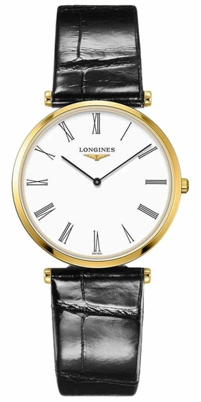 Longines La Grand Classique Yellow Gold PVD White Dial Black Leather Strap Quartz Womens Watch L4.709.2.21.2 Women??s luxury watches Affordable women watches