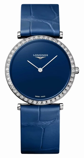 Longines La Grande Classique Monochrome Stainless Steel Blue Dial Blue Leather Strap Diamonds Quartz Womens Watch L4.523.0.90.2 Women??s luxury watches Affordable women watches