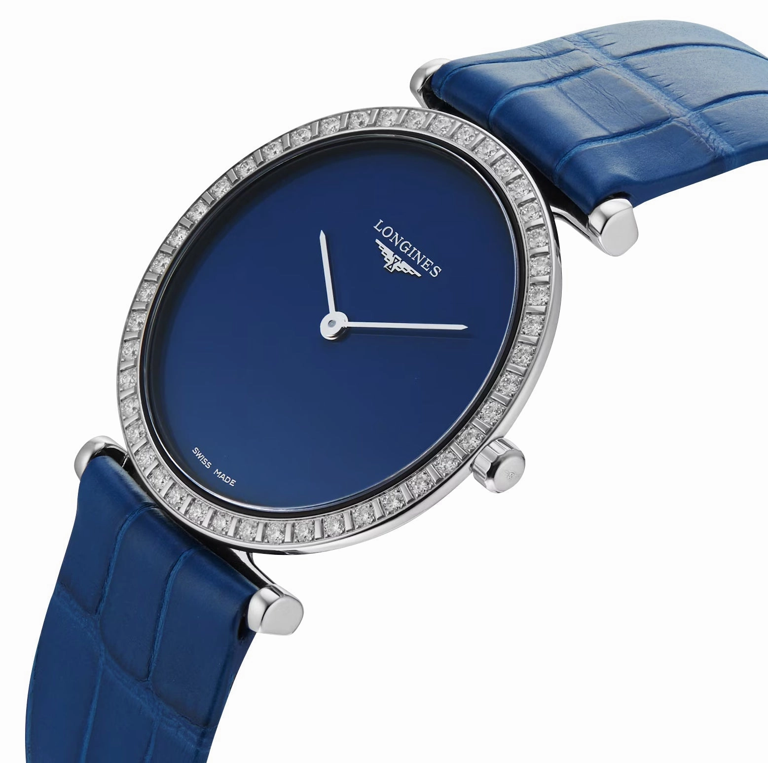 Longines La Grande Classique Monochrome Stainless Steel Blue Dial Blue Leather Strap Diamonds Quartz Womens Watch L4.523.0.90.2
