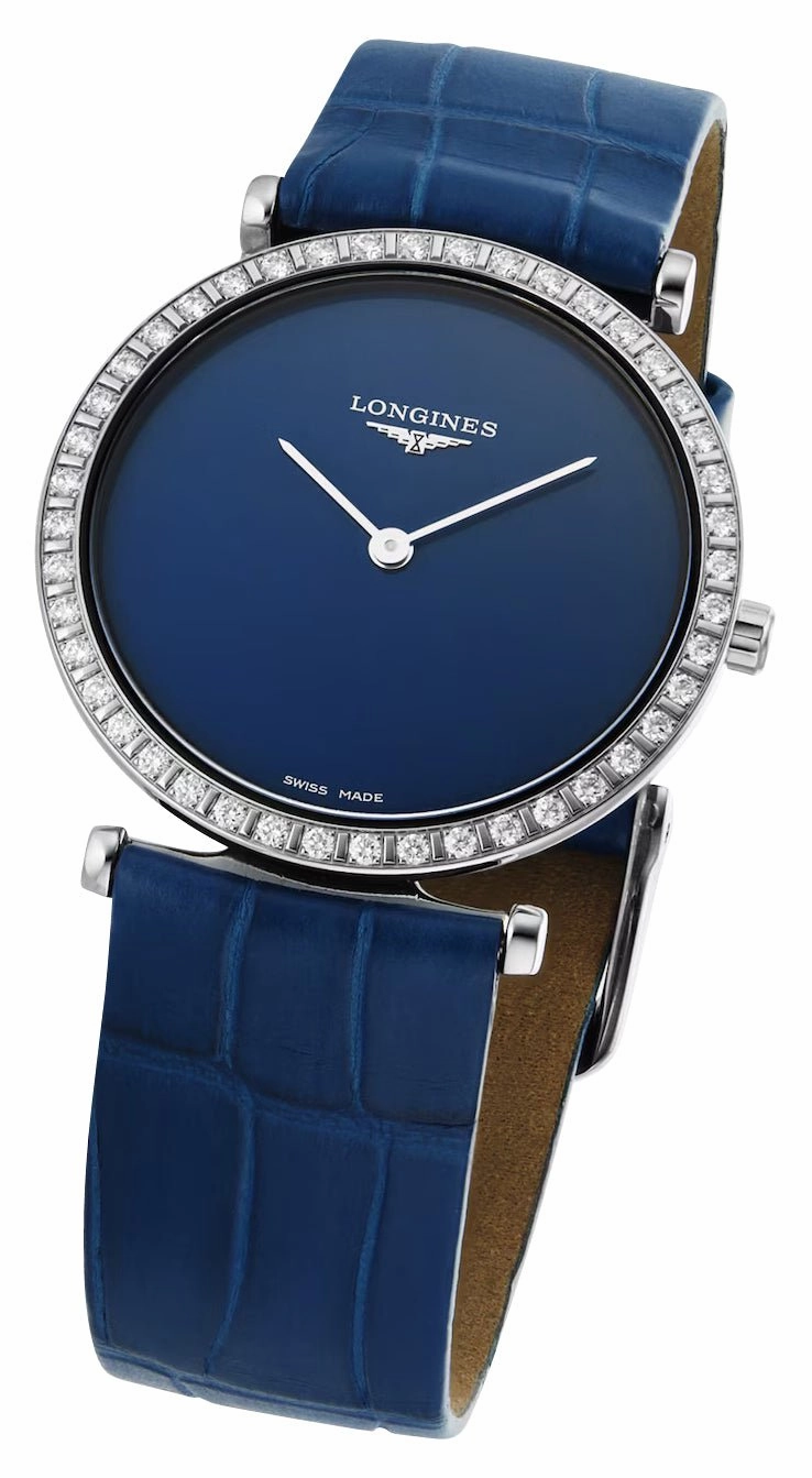 Longines La Grande Classique Monochrome Stainless Steel Blue Dial Blue Leather Strap Diamonds Quartz Womens Watch L4.523.0.90.2