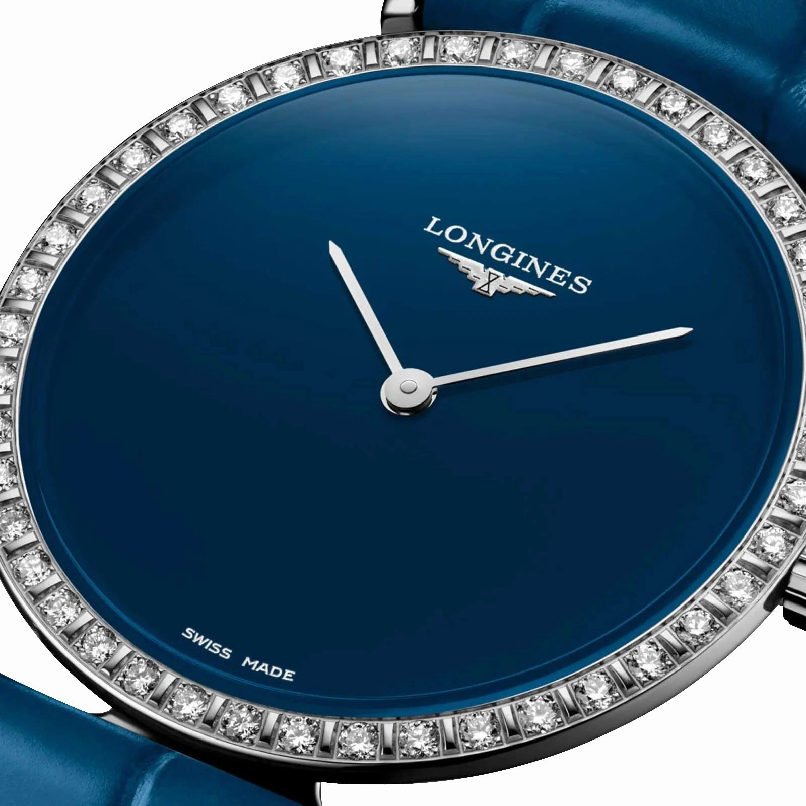 Longines La Grande Classique Monochrome Stainless Steel Blue Dial Blue Leather Strap Diamonds Quartz Womens Watch L4.523.0.90.2