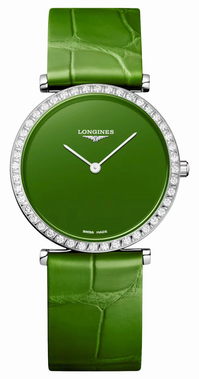 Longines La Grande Classique Monochrome Stainless Steel Green Dial Green Leather Strap Diamonds Quartz Womens Watch L4.523.0.60.2 Women??s luxury watches Affordable women watches