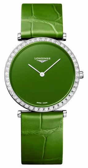 Longines La Grande Classique Monochrome Stainless Steel Green Dial Green Leather Strap Diamonds Quartz Womens Watch L4.523.0.60.2 Women??s luxury watches Affordable women watches