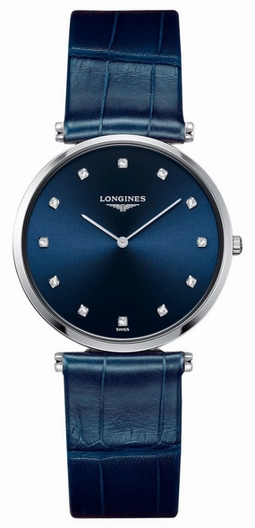 Longines La Grande Classique Stainless Steel Blue Dial Blue Leather Strap Diamonds Quartz Womens Watch L4.709.4.97.2 Women??s luxury watches Affordable women watches