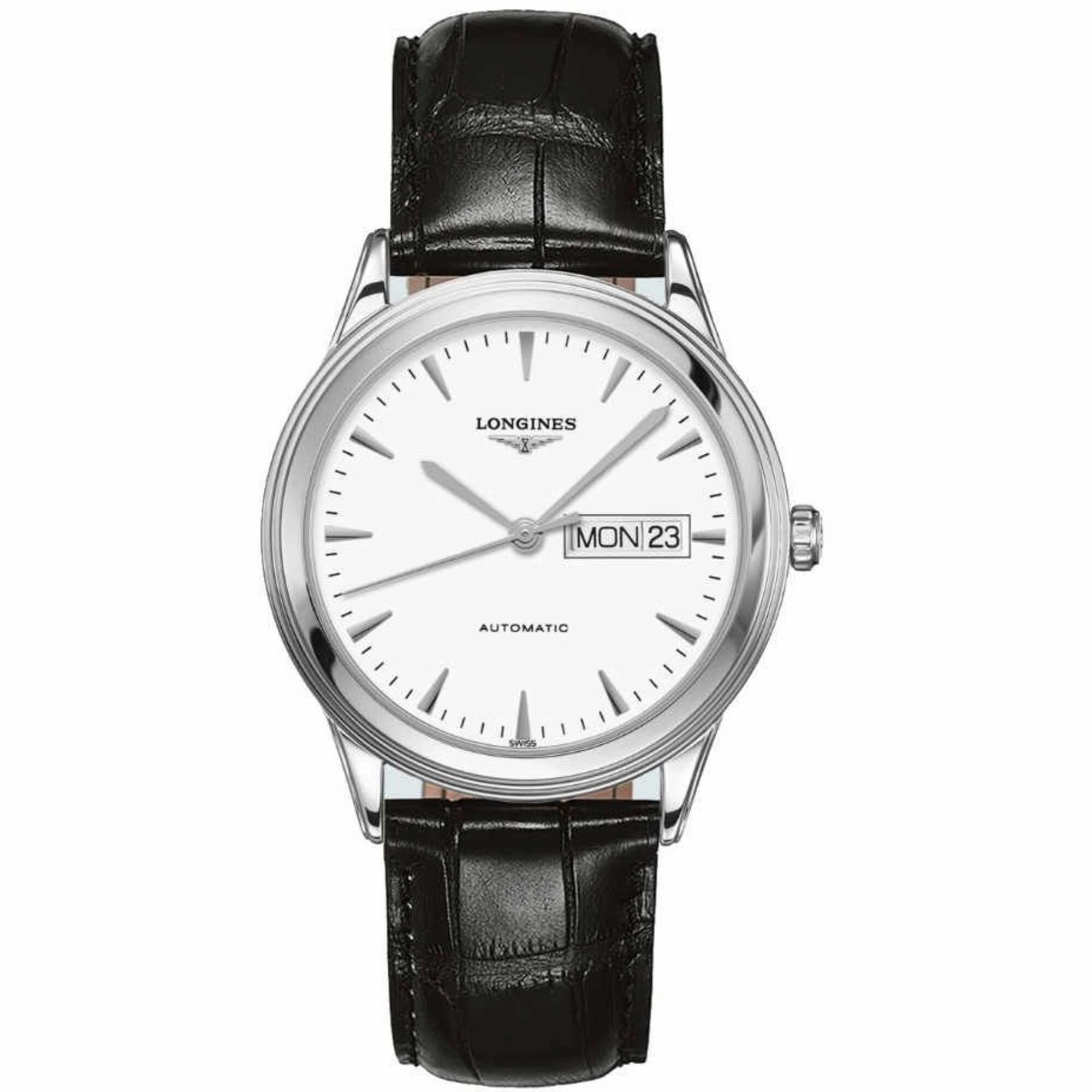 Longines Men's Watch - Flagship Automatic White Dial Black Leather Strap | L48994122,automatic watch,automatic watches for men,automatic watches for women,luxury automatic watch,minimalist automatic watch,dress automatic watch,vintage automatic watch,auto