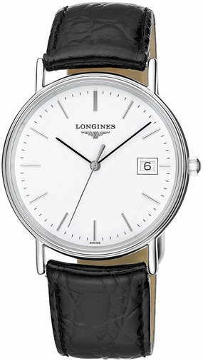 Longines Presence Stainless Steel White Dial Black Leather Strap Date Quartz Unisex Watch L4.720.4.12.2 Women??s luxury watches Affordable women watches