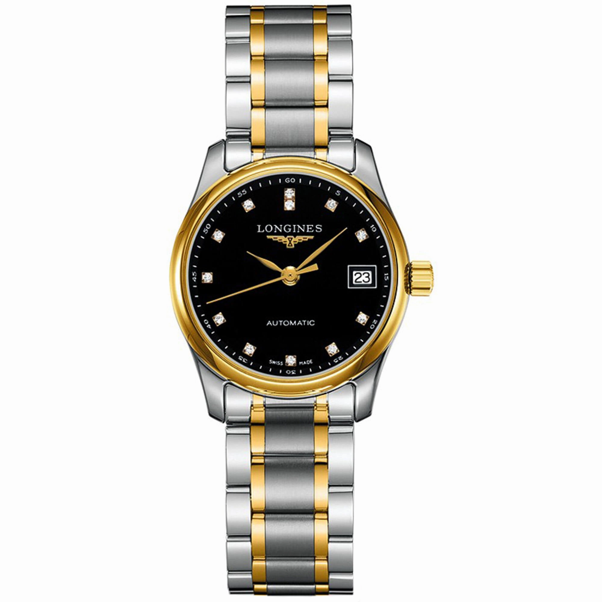 Longines Women's Watch - Master Diamond Black Dial Two Tone Bracelet | L22575577,automatic watch,automatic watches for men,automatic watches for women,luxury automatic watch,minimalist automatic watch,dress automatic watch,vintage automatic watch,automati