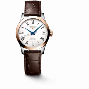Longines Women's Watch - Record Automatic Matte White Dial Brown Strap | L23205112,automatic watch,automatic watches for men,automatic watches for women,luxury automatic watch,minimalist automatic watch,dress automatic watch,vintage automatic watch,automa