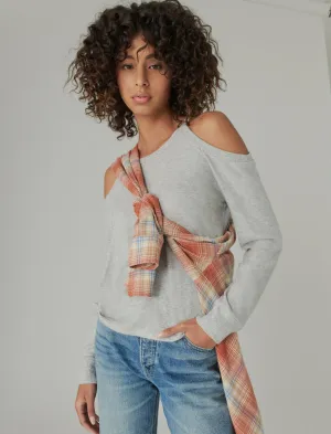 Lucky Brand Cloud Jersey Cold Shoulder Top Light Heather Gray Lucky Brand