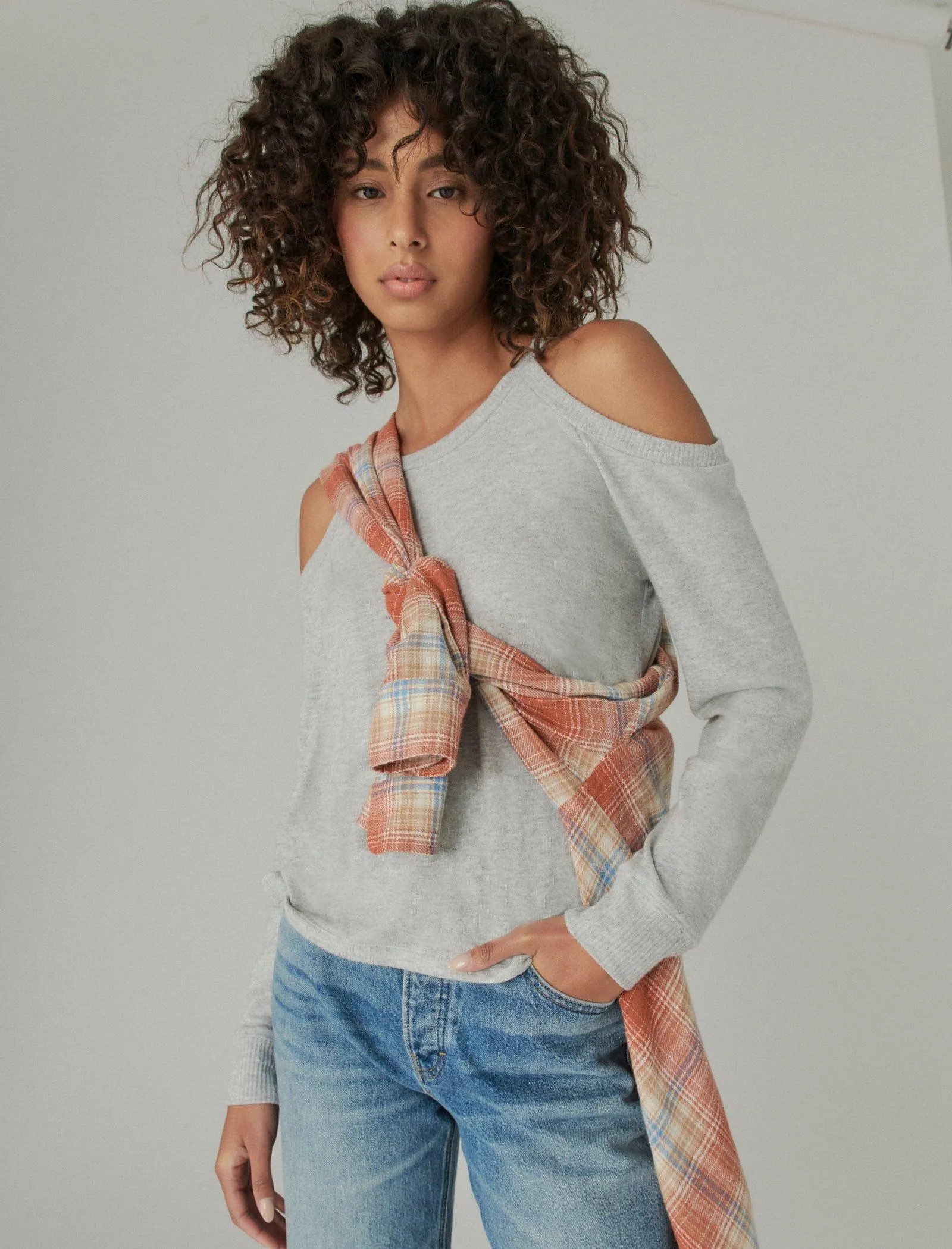 Lucky Brand Cloud Jersey Cold Shoulder Top Light Heather Gray Lucky Brand