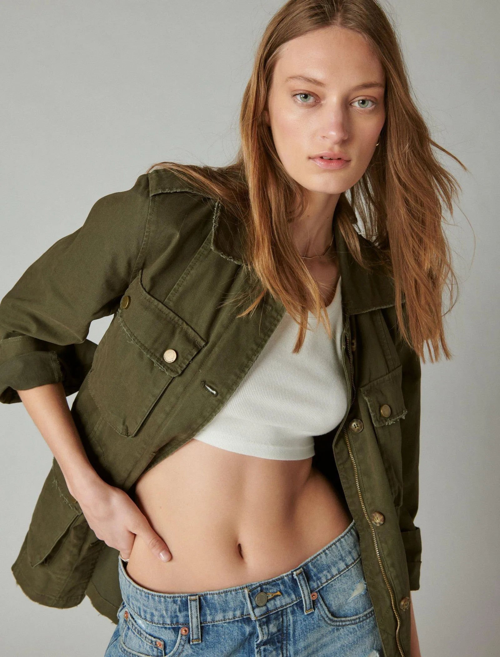 Lucky Brand Distressed Utility Jacket Open Green Lucky Brand