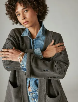 Lucky Brand Fleece Cutwork Cardigan Raven Lucky Brand