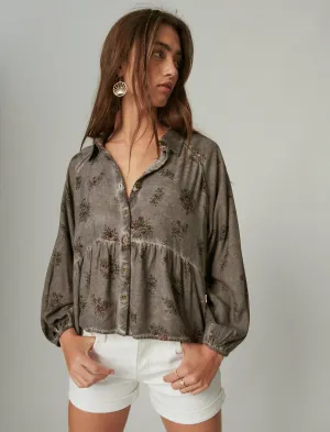 Lucky Brand Floral Printed Overdye Top Grey Multi Lucky Brand