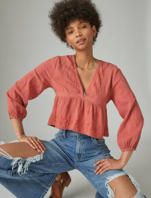 Lucky Brand Lace Inset Babydoll Top Redwood Burl Lucky Brand