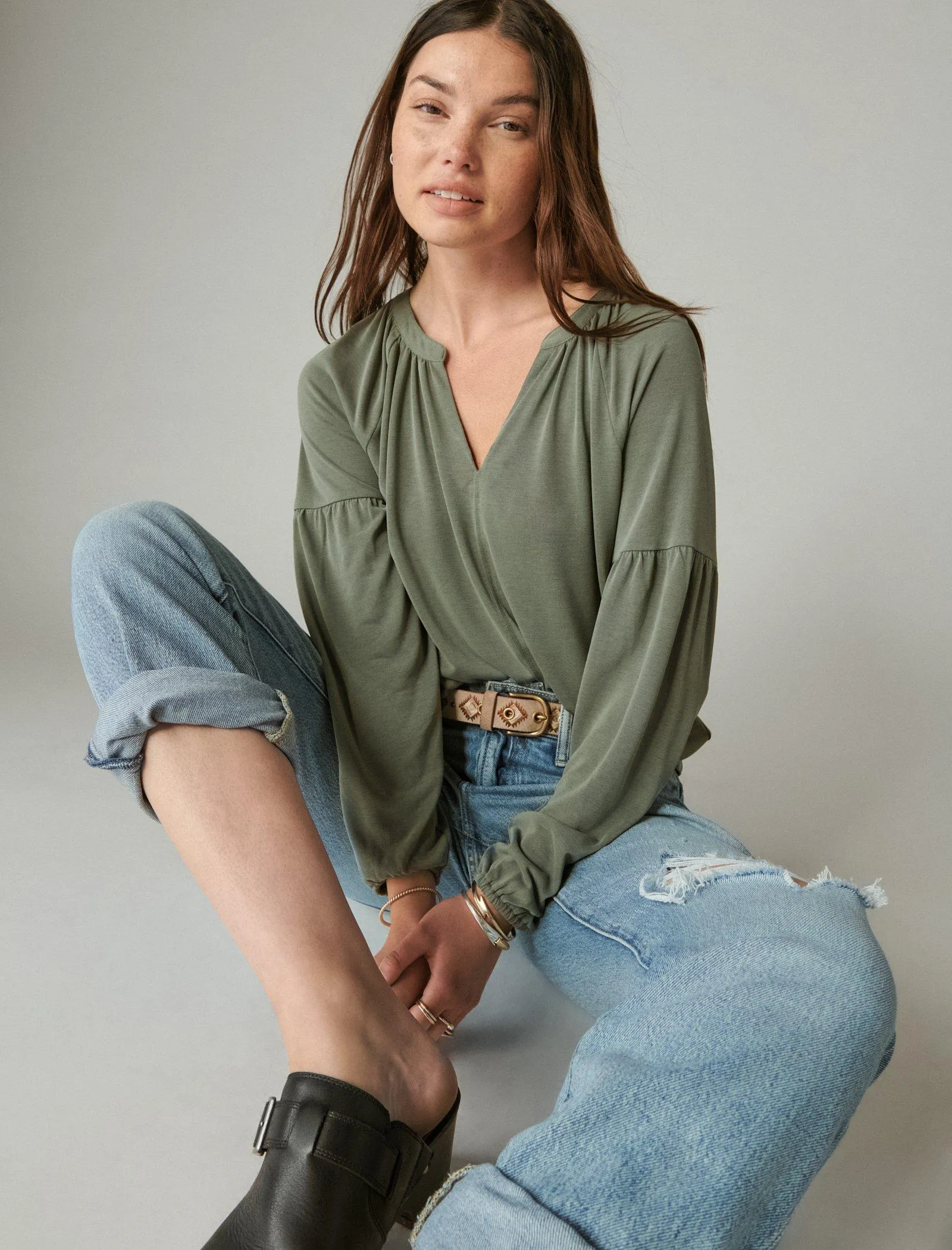 Lucky Brand Long Sleeve Notched Neck Sandwash Top Dusty Olive Lucky Brand