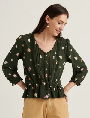 Lucky Brand Printed Tie Waist 3Q Sleeve Top Olive Multi Lucky Brand