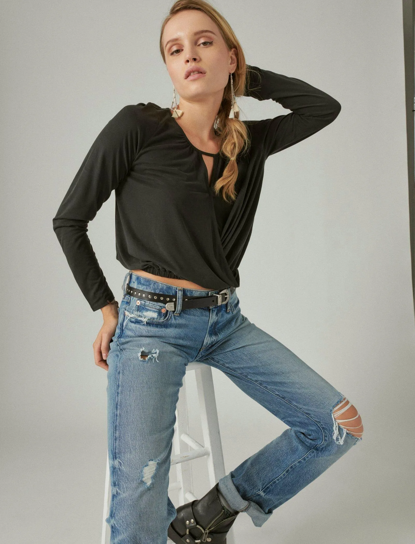 Lucky Brand Sandwash Deep V Neck Top Jet Black Lucky Brand