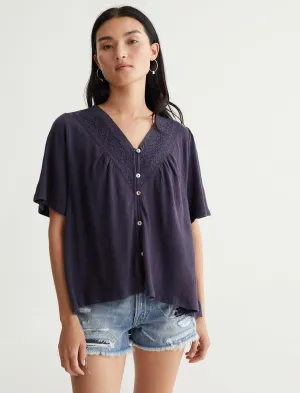 Lucky Brand Ss Emb Boho Blouse Greystone Lucky Brand