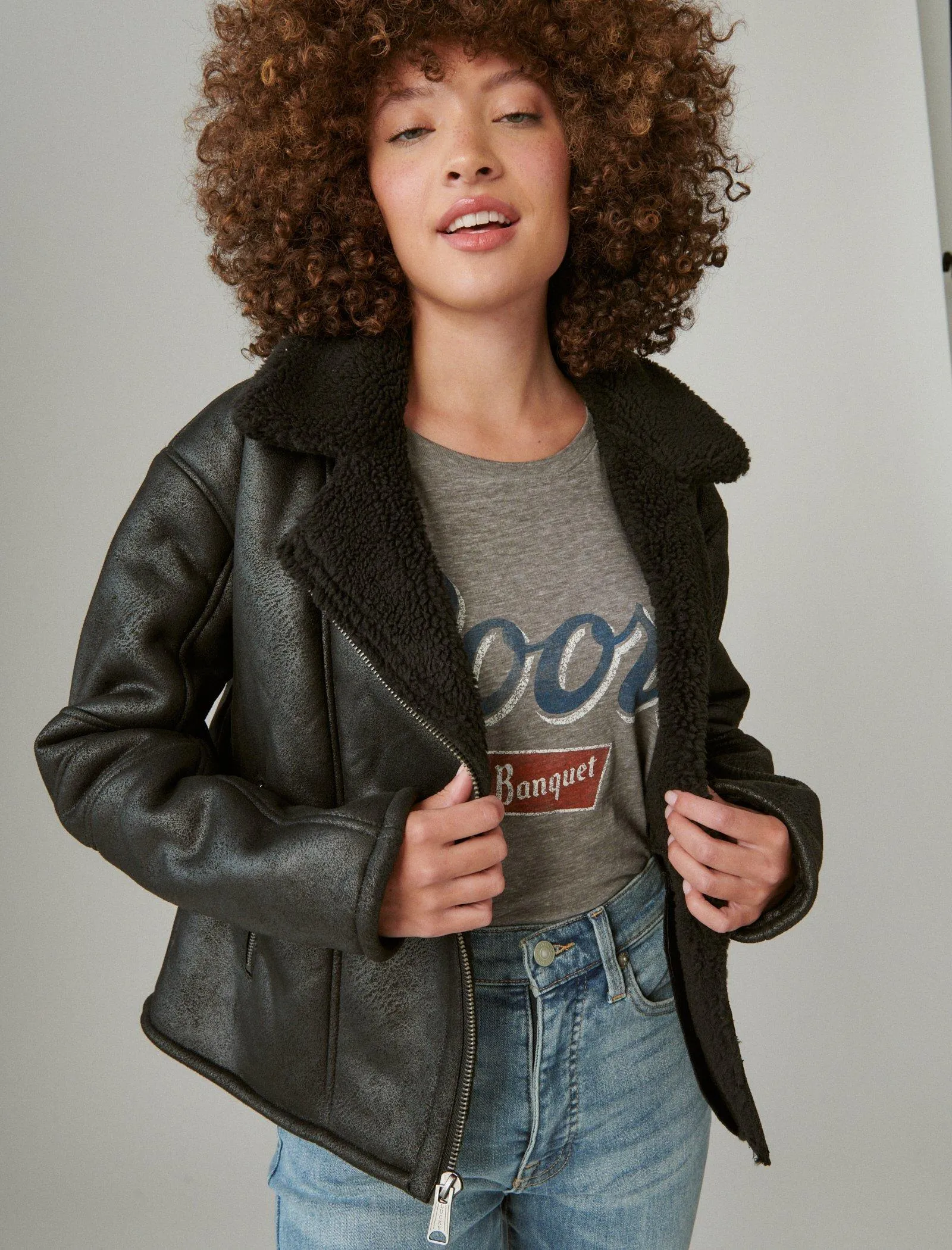 Lucky Brand Suede Faux Shearling Moto Jacket Black Lucky Brand