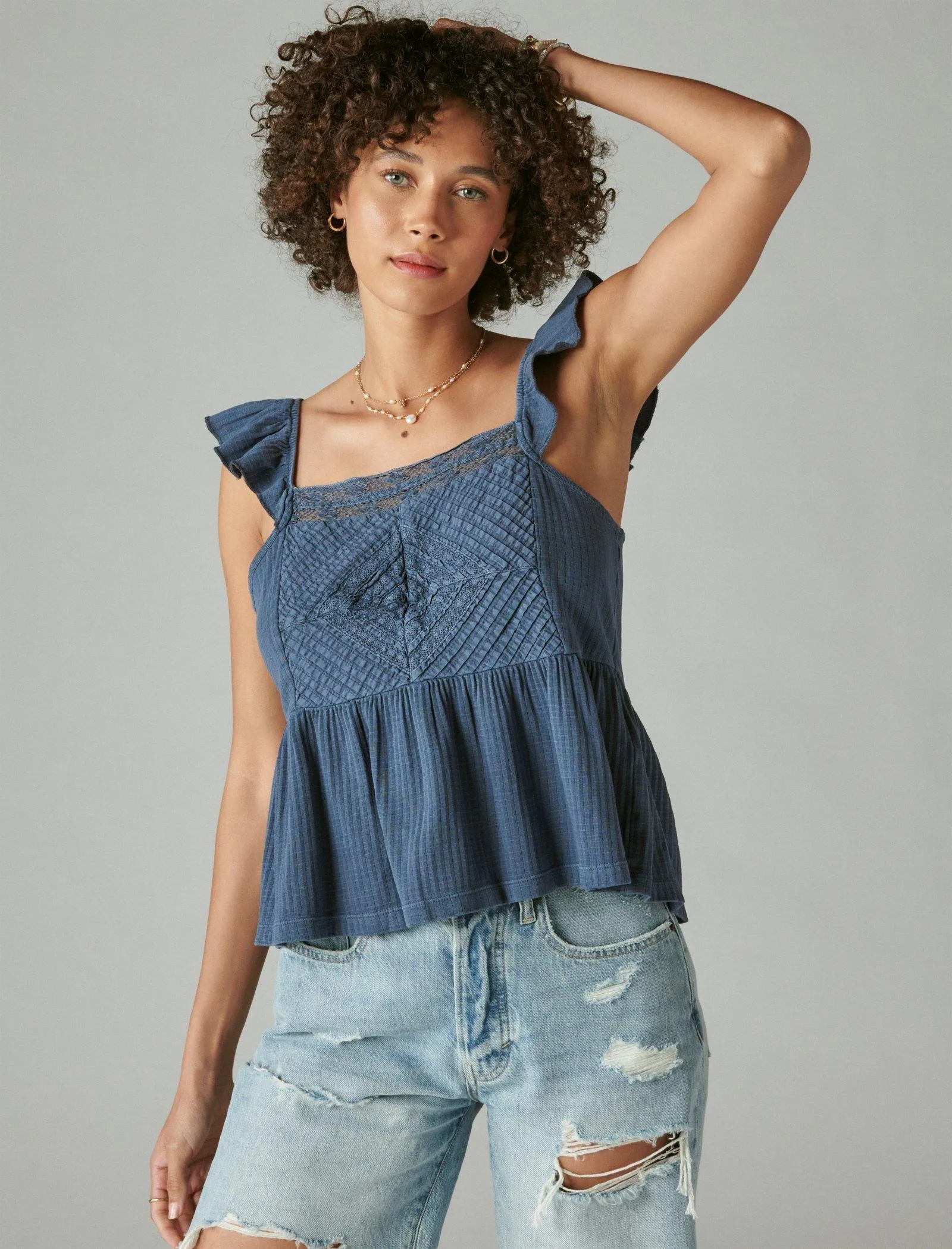 Lucky Brand Textured Yoke Peplum Tank Dark Denim Lucky Brand