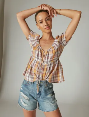 Lucky Brand Tie Front Plaid Babydoll Top Burgundy Plaid Lucky Brand