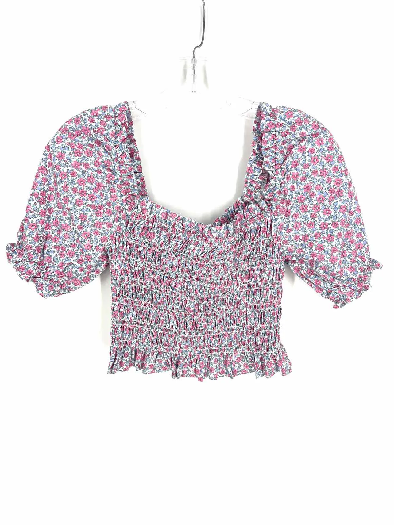 Lush Size M Wh/Bl/Pk Floral Smocked Tops Top-Short Sleeve