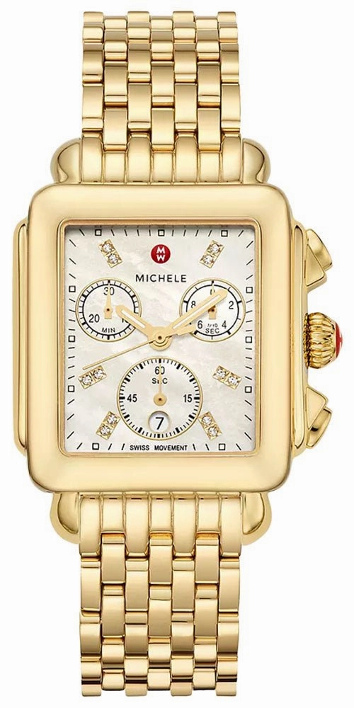 Michele Deco Chronograph 18K Gold-Plated Steel Diamonds Mother-of-Pearl Dial Date Rectangle Womens Watch MWW06A000780 Women??s luxury watches Affordable women watches