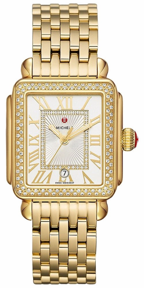 Michele Deco Madison 18K Gold-Plated Steel Diamonds Silver Dial Date Rectangle Womens Watch MWW06T000161 Women??s luxury watches Affordable women watches