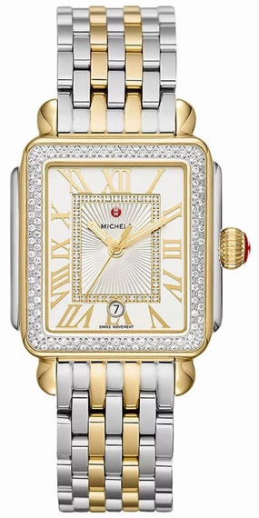 Michele Deco Madison Two-Tone Steel Diamonds Silver Dial Date Rectangle Womens Watch MWW06T000144 Women??s luxury watches Affordable women watches