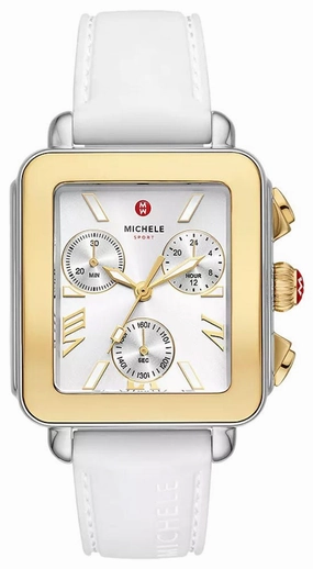 Michele Deco Sport Chronograph Silver Rectangle Dial Gold-Plated Bezel White Silicone Women's Watch MWW06K000069 Women??s luxury watches Affordable women watches