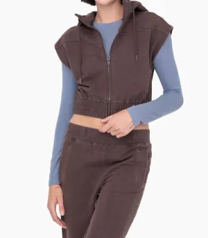 Mineral Washed French Terry Hooded Vest In Dark Brown